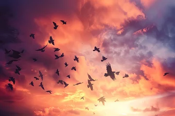 Foto op Canvas A flock of birds flying together through a cloudy sky, creating a dynamic and mesmerizing scene. Generative AI © Azhorov