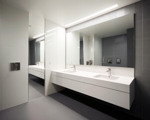 A spacious dormitory bathroom with pristine sinks mirrors and individual shower stallsStudio shot luxurious design elegant simplicity