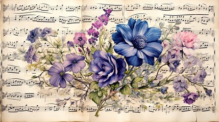 floral music print on an old dictionary page,