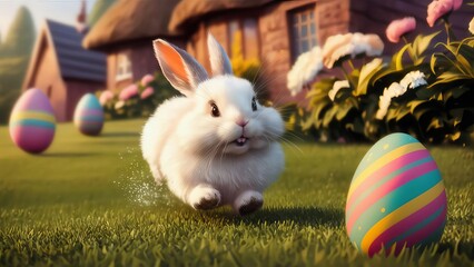 White rabbit running in a green field, with colorful Easter eggs following behind. The rabbit is near a cottage with a thatched roof and surrounded by flowers.