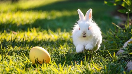 A white rabbit stands in a grassy field next to a yellow egg.