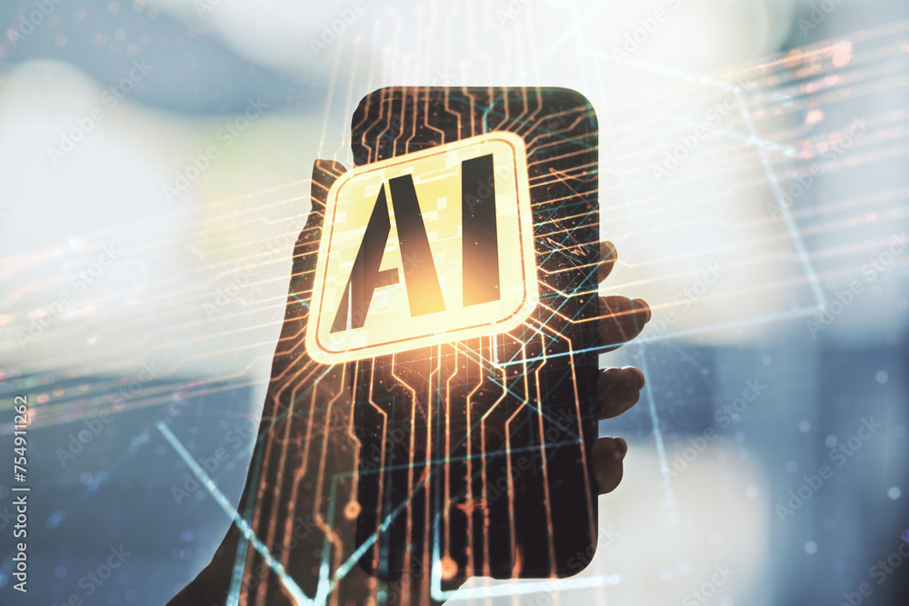 Poster double exposure of creative artificial intelligence icon and hand with cell phone on background. neu