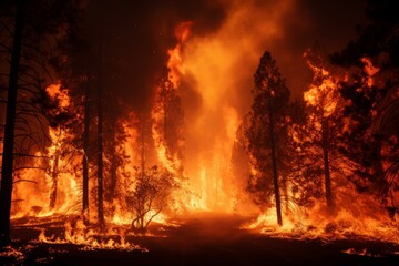 Devastating wildfire raging through dense forest. grave ecological threat to environment - obrazy, fototapety, plakaty