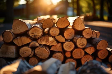 Tuinposter Pile of chopped firewood bathed in golden hour light, symbolizing preparation and natural resources. © GreenMOM