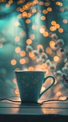 A close up shot of a cup with bokeh lights creating a magical atmosphere