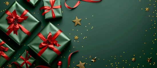 Festive green gifts with red and gold ribbons amidst golden stars and glitter on a dark green background, perfect for Christmas and seasonal use.