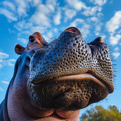 Close-Up View of a Hippopotamus Against a Blue Sky. AI.