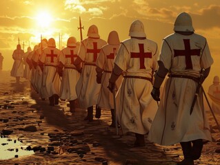 Knights Templar faces turned towards the sunset march forth in their sacred quest for the Holy Grail