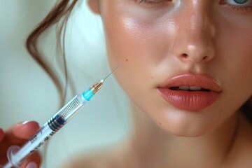 Revitalize beauty with filler injections near woman's chin using syringe