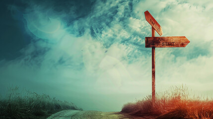 Rustic signpost on a rural path under a dreamy blue sky, indicating 'STOP' and 'PATH' directions