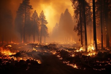 Devastating wildfire raging through dense forest, poses grave ecological threat to environment - obrazy, fototapety, plakaty