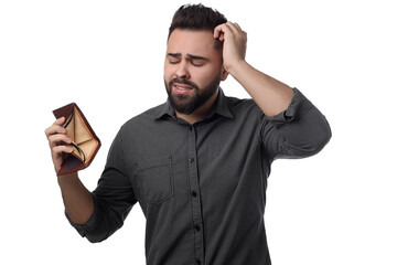 Upset man showing empty wallet on white background