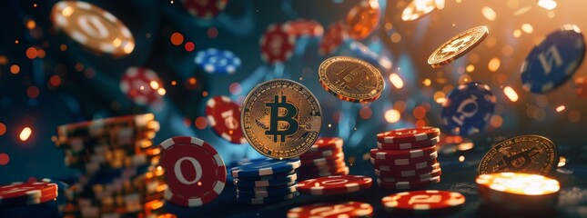 Casino advertising concept with falling golden poker chips and Bitcoin - obrazy, fototapety, plakaty