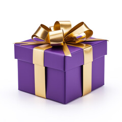 Purple gift box with gold bow on white background сreated with Generative Ai