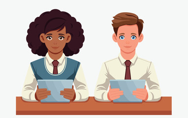 Students in school costumes sit at the same desk. Teenagers holding a touch screen tablet. African American woman in a tie in class. Concept of work, study, professional practice