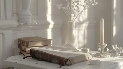 Vintage Holy Bible setup white minimalist surroundings the allure of spiritual simplicity