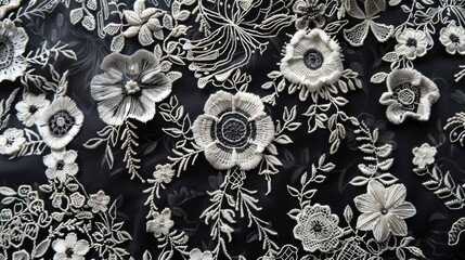 White Floral Guipure Lace Fabric on black background.