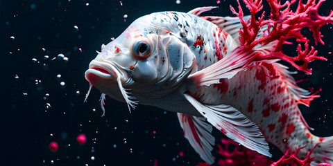 photo RAW, (Black, dark red and neon pink : Portrait of 2 ghostly long tailed white koi, woman, shiny aura, highly detailed, red filigree, intricate motifs, organic tracery, Januz Miralles, Hikari Shi - obrazy, fototapety, plakaty