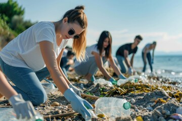 Group of people cleaning beach area.