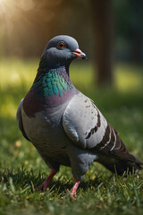 Obraz premium pigeon standing on green grass. ai generated