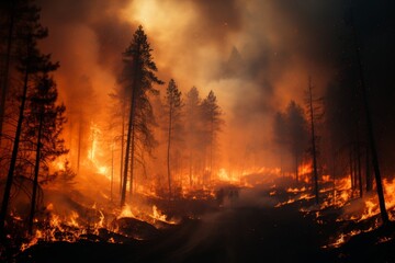 Devastating wildfire raging through dense forest, environmental havoc and ecological threat - obrazy, fototapety, plakaty