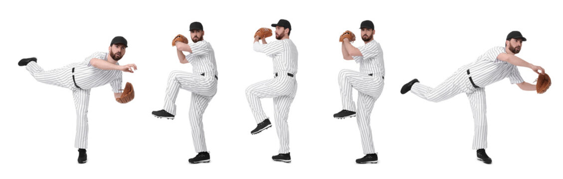 Baseball player with leather glove on white background, set of photos
