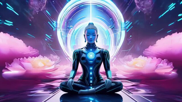 Silhouette cyber monk woman in meditation pose with pink lotus flowers over hi-tech blue background. Shaolin monk meditating. Magic portal.