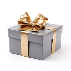 gray gift box with gold bow on white background сreated with Generative Ai