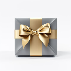 gray gift box with gold bow on white background сreated with Generative Ai