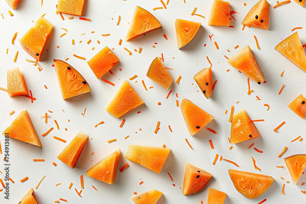 Poster triangle papaya pieces with sprinkles and seeds isolated on white flat lay pattern with copy space h