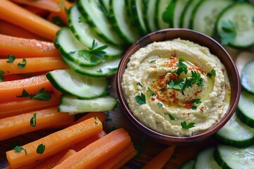 "Carrot and cucumber sticks arranged around hummus dip, garnished with parsley. Vibrant food plating and appetizer concept."