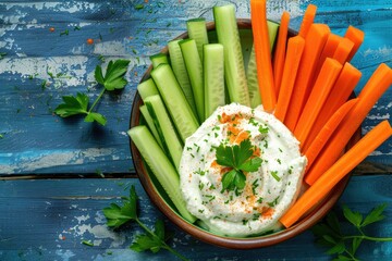 "Vegetable sticks with creamy hummus in a bowl on a painted blue background. Healthy lifestyle and nutritious food concept."