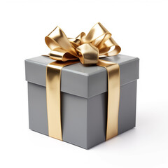 gray gift box with gold bow on white background сreated with Generative Ai