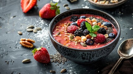 Berry smoothie bowl topped with raspberries, blackberries, almonds, and chia seeds on a textured...
