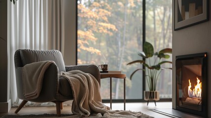 Modern Living Room with Cozy Reading Nook and Fireplace