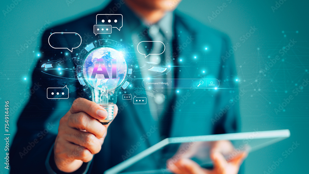Poster ai tech expert business. businessman hold light bulb virtual graphic global internet connect command