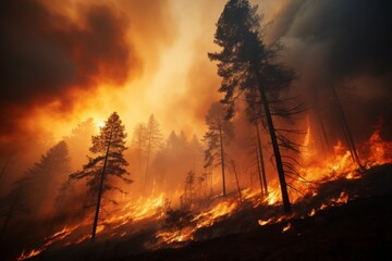 Devastating wildfire raging through dense forest, posing grave ecological threat, environment damage - obrazy, fototapety, plakaty