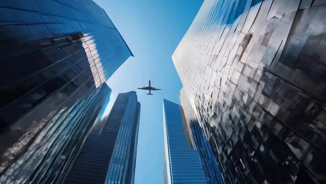 Airplane flying on business skyscrapers of financial center. Travel, economy, cargo transportation concept. Airplane flying over modern building glass of skyscrapers, Business concept of architecture.
