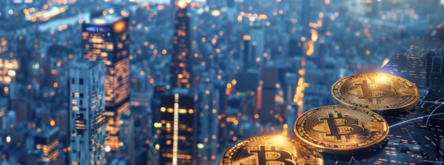 Cryptocurrency concept with golden Bitcoins against the backdrop of a networked city skyline.
