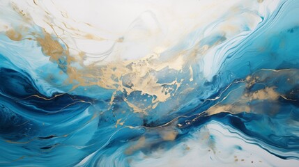 Abstract background with liquid delicate blue watercolor on white, golden lines, streaks. Creative drawing with alcohol ink, smooth mesmerizing lines, waves. - obrazy, fototapety, plakaty