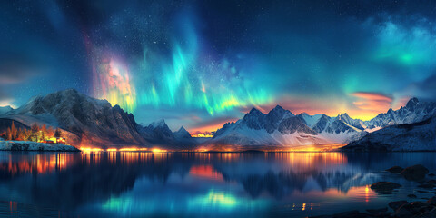Fototapeta premium panoramic landscape with northern lights in night starry sky over a lake with mountains in winter
