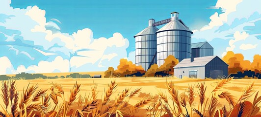 barley field. Storage of agricultural products. elevator and wheat field. generative ai - obrazy, fototapety, plakaty