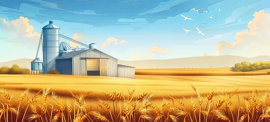 barley field. Storage of agricultural products. elevator and wheat field. generative ai - obrazy, fototapety, plakaty