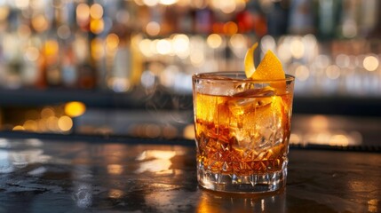 Old Fashioned cocktail on bar background. Glass of alcoholic drink