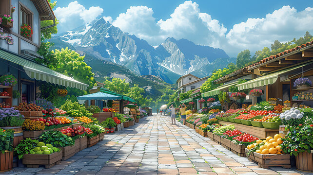 Idyllic market street with fresh produce in a quaint village against a backdrop of majestic mountains.