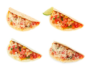 Delicious tacos with vegetables isolated on white, set