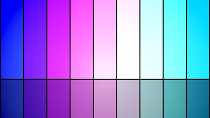 Wand mit leuchtend violetten, weißen und blauen Paneelen und glänzender dunkler Boden © blobbotronic