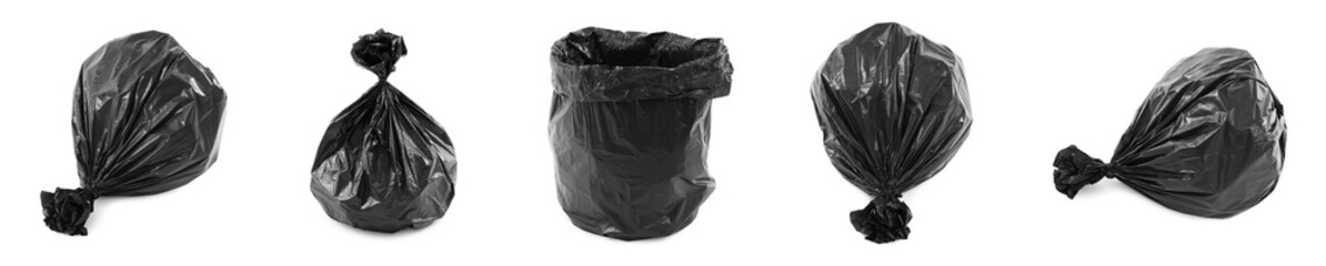 Black plastic garbage bags isolated on white, set