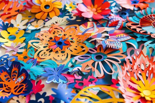 A vibrant pile of colorful paper flowers neatly arranged on a table. Generative AI