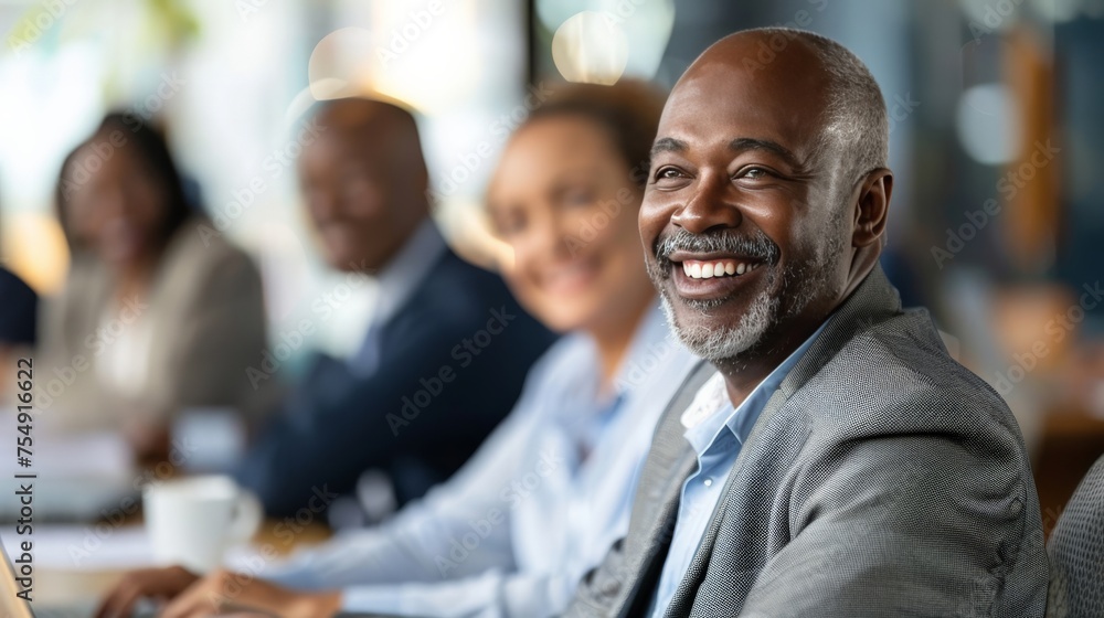 Poster Happy business man listening to a discussion in an office boardroom. Business professional sitting in a meeting with his colleagues.